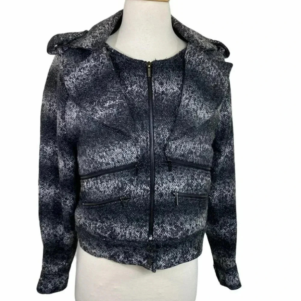 Karl Lagerfeld for Impulse Jacket S Black Gray Moto Wool Blend Zip Up Epaulettes